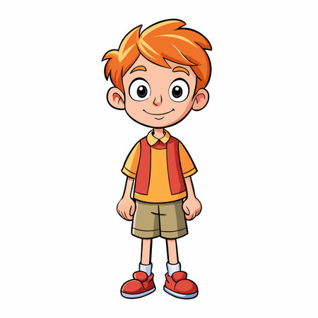 Cartoon of boy wearing an orange shirt, tan shorts, and red shoes stands smilingのイラスト素材