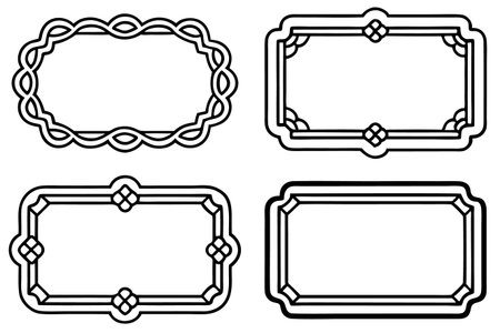 Four vector frames, two rectangular and one oval, with ornate borders and a simple black and white designのイラスト素材