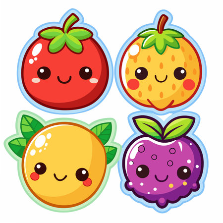 Cute cartoon fruit characters tomato, lemon, strawberry, and berry with sweet smilesのイラスト素材