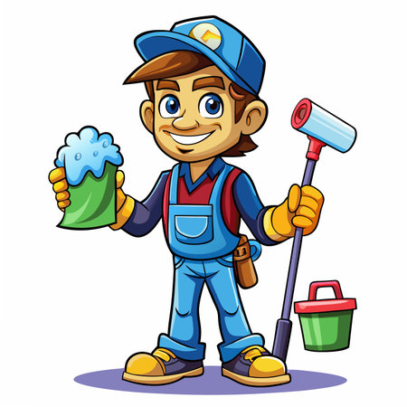 Cartoon cleaner with sponge and roller, wearing overalls and a cap, smilingのイラスト素材