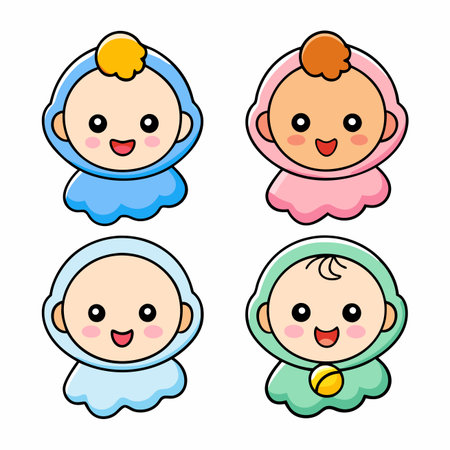 Four cute cartoon babies in colorful hooded outfits, smiling warmlyのイラスト素材