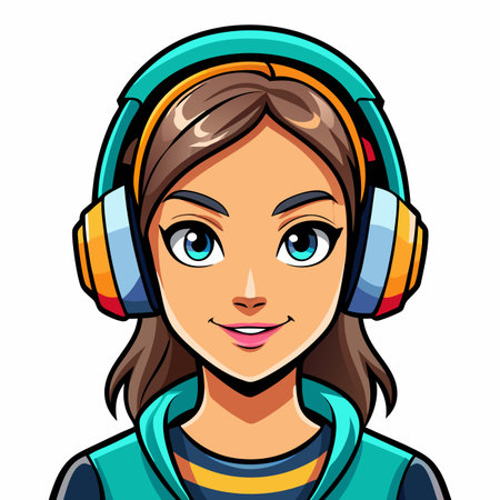 Cartoon avatar of a girl with headphones, smiling faceのイラスト素材