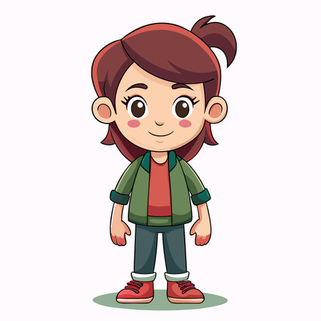 Cartoon girl with ponytail, green jacket, red shirt, gray pants, and red shoesのイラスト素材