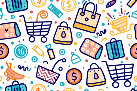 Shopping-themed pattern featuring bags, carts, coins, and various other retail-related itemsのイラスト素材