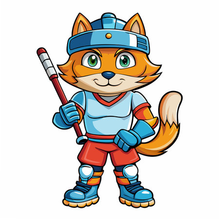 Cartoon fox dressed as hockey player, with stick. Isolated on whiteのイラスト素材