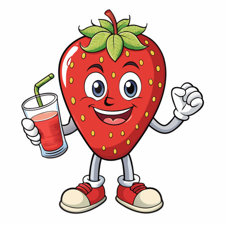 Happy strawberry cartoon character holding juice glass and giving a fist pumpのイラスト素材