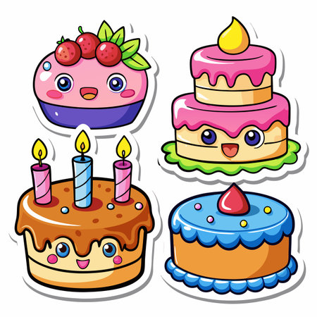 Kawaii cakes illustration with happy faces and colorful decoration on a white backgroundのイラスト素材