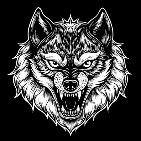 Snarling wolf head detailed black and white illustration on black background