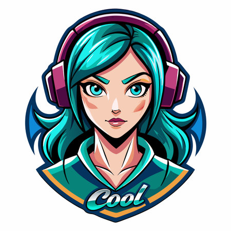 Cartoon girl portrait with headphones, blue hair, and vibrant, anime-style graphics. "Cool" text overlayのイラスト素材