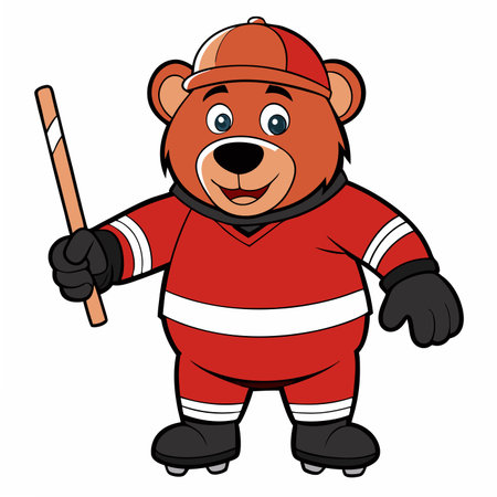 Cartoon bear in sports outfit, holding hockey stick, smiling, vector illustrationのイラスト素材