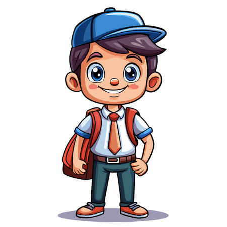 Cartoon schoolboy with backpack, tie, and hat standing on a white background with smile on his faceのイラスト素材