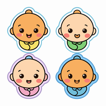 Baby Faces Four diverse, cartoon newborns with rounded faces and colorful outfitsのイラスト素材