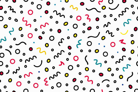 Whimsical pattern with colorful circles, dots, and squiggles on a white backgroundのイラスト素材