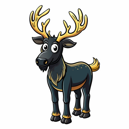 Cartoon moose with golden antlers, black fur, outlined in gold, isolated on white backgroundのイラスト素材