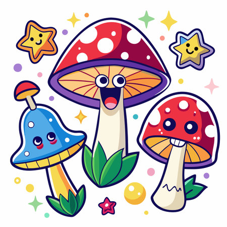 Cute cartoon mushrooms with cheerful faces, surrounded by stars and colorful dotsのイラスト素材