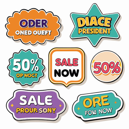 Colorful cartoon sales stickers with various shapes and text, promoting discounts and special offersのイラスト素材