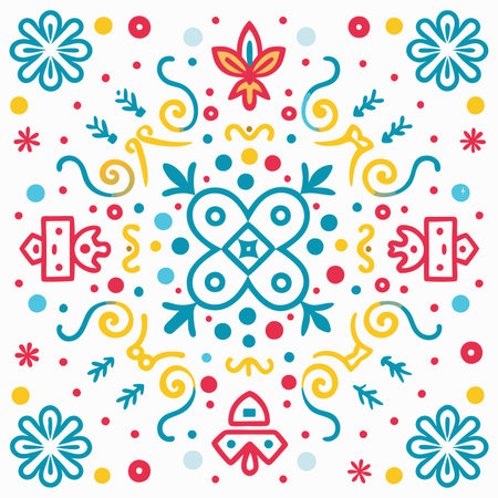 Colorful vector pattern with flowers, swirls, and dots on white backgroundのイラスト素材