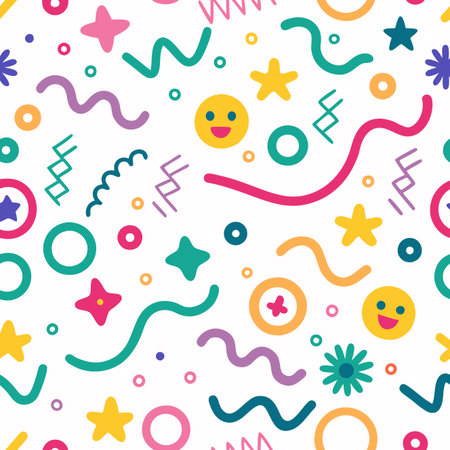 Cheerful pattern stars, circles, squiggles, smileys. Bright, playful, joyfulのイラスト素材