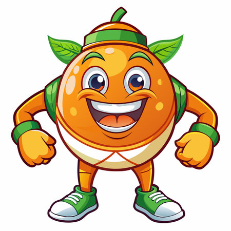 Cheerful orange fruit cartoon character smiling with backpack, headband, wristbands, and green shoesのイラスト素材