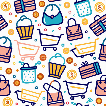 Shopping doodles bags, carts, coins, and gifts form a cute, colorful pattern on a white backgroundのイラスト素材