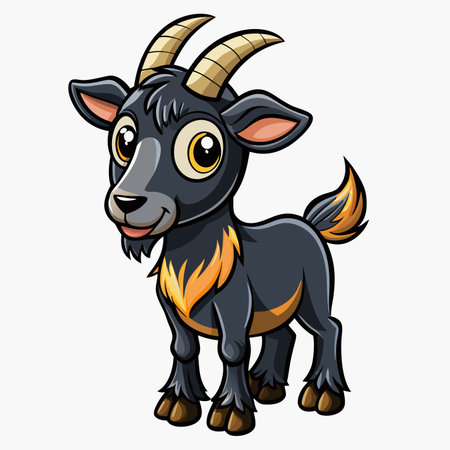 Cute cartoon goat with black fur, small horns, &amp; big eyesのイラスト素材