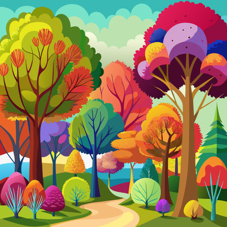 Colorful forest path. Whimsical, stylized trees in vibrant hues. Sunny dayのイラスト素材