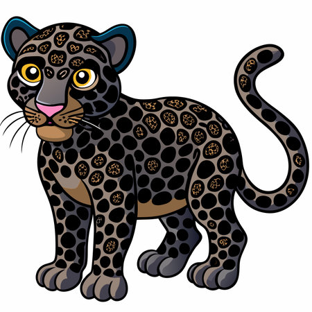 Cartoonish melanistic leopard cub with black spots, looking forward, on a white backgroundのイラスト素材