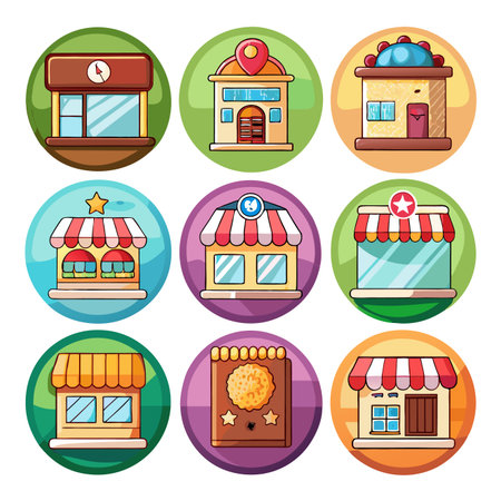 Storefronts icons set, cartoon style. Small shops of varied styles on colorful round backgroundsのイラスト素材
