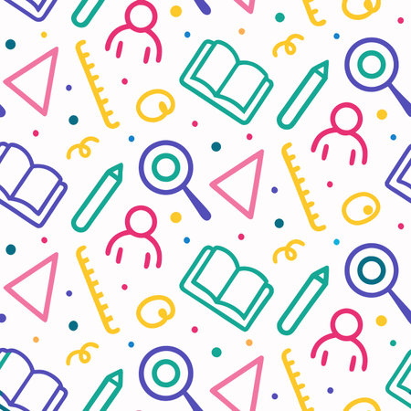 Colorful education themed pattern with books, rulers, pencils, magnifying glass, and people iconsのイラスト素材