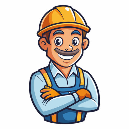 Cartoon worker with mustache wearing a hard hat and work clothes standing with crossed arms, smilingのイラスト素材