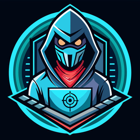 Masked figure, hooded, futuristic, with target, vibrant colors, against geometric backgroundのイラスト素材