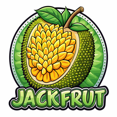 Ripe jackfruit cut open with yellow fleshy interior and leafy backdropのイラスト素材