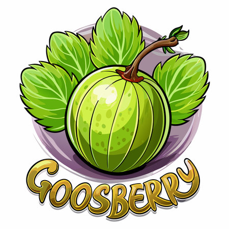 Round, green gooseberry with leaves and a stem, centered in a logo-like designのイラスト素材
