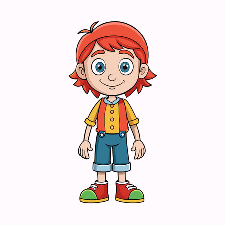 Cartoon boy with red hair, yellow shirt, and blue shorts. Smilingのイラスト素材