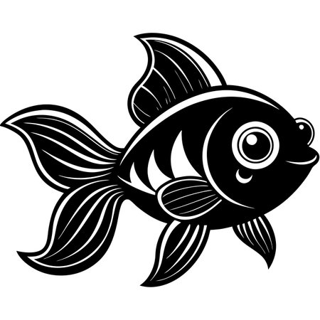 Stylized goldfish illustration, black and white, with large eyes and flowing fins, simple designのイラスト素材