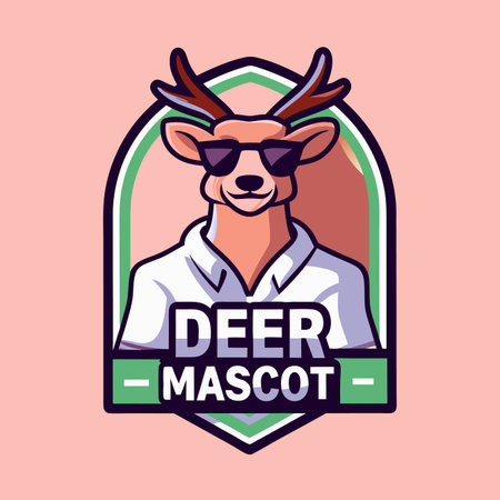 Deer mascot. Sunglasses-wearing anthropomorphic deer in collared shirt against a green framed backdropのイラスト素材