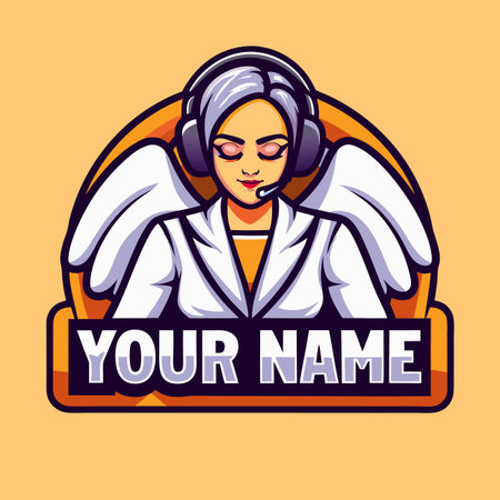 Winged woman with headset; calm expression, white jacket, emblem backgroundのイラスト素材
