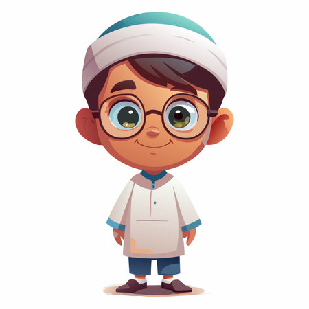 Cartoon boy in white attire, glasses, and headwear, smiling on a white backgroundのイラスト素材