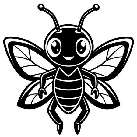 Cute cartoon bee with stripes, wings, and antennae. Simple black and white illustrationのイラスト素材