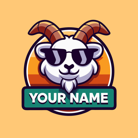 Goat cartoon mascot. Sunglasses and grin. Circular badge. Name space. Simple, friendly, happy vibeのイラスト素材
