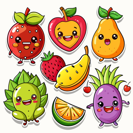 Cartoon fruits! Strawberry, apple, pear, banana, kiwi, orange, pineapple, smiling, cute, colorfulのイラスト素材