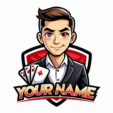 Cartoon man in suit holding playing cards against shieldのイラスト素材