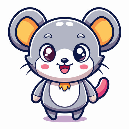 Cute gray mouse character. Large eyes, smile, pink cheeks. Whiskers, yellow inner ears, and a tailのイラスト素材
