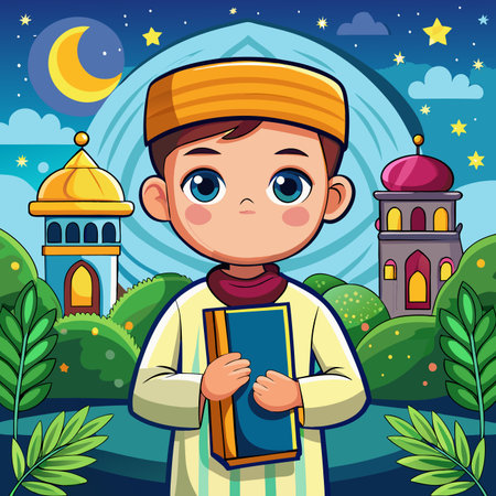 Cartoon boy holding book with towers, moon, and stars against blue gradient backgroundのイラスト素材