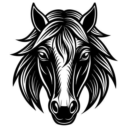 Horse head illustration, bold black lines, flowing mane, detailed eyes, forward facing, symmetricalのイラスト素材