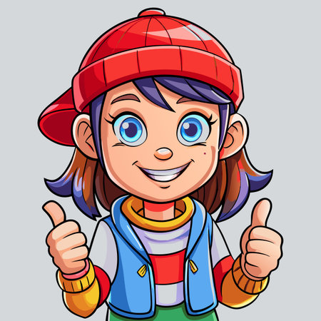 Happy cartoon girl gives thumbs up, wearing a red hatのイラスト素材