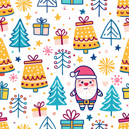 Seamless pattern with Christmas trees, gifts, and Santa Claus on a white background. Festive and cute designのイラスト素材