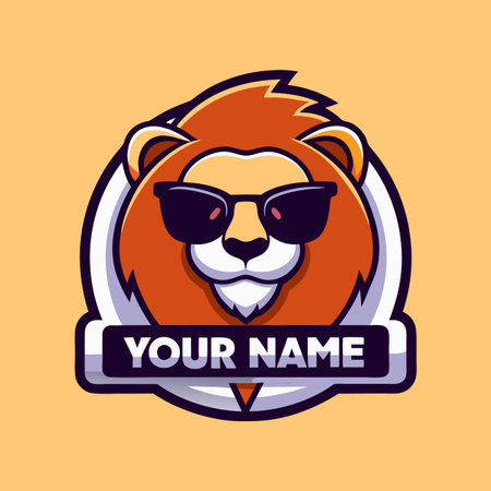 Cartoon lion head with sunglasses, text banner beneath, on a light orange backgroundのイラスト素材