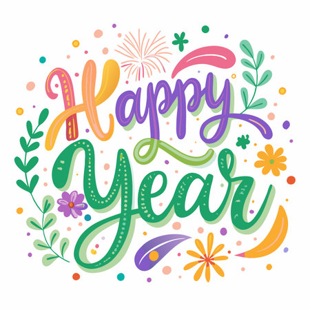 Colorful &quot;Happy Year&quot; with floral accents and a firework on a white backgroundのイラスト素材