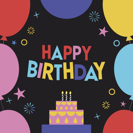 Colorful "Happy Birthday" graphic with balloons, stars, and a cake against a dark backgroundのイラスト素材